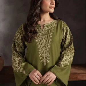 Front view of green embroidered unstitched lawn 2-piece suit with matching embroidered trousers.