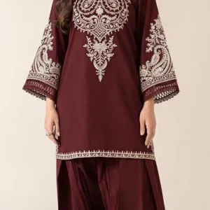 Front view of maroon embroidered unstitched lawn 2-piece suit with white threadwork.