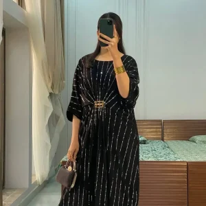 Moonlight Fabric Long Kaftan for Women with Bakkal & Attached Crepe Inner – Free Size Modest Maxi Kaftan Dress (54/55 Inches)