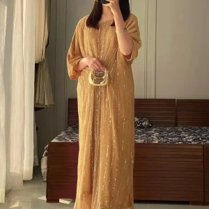 Moonlight Fabric Long Kaftan for Women with Bakkal & Attached Crepe Inner – Free Size Modest Maxi Kaftan Dress (54/55 Inches)