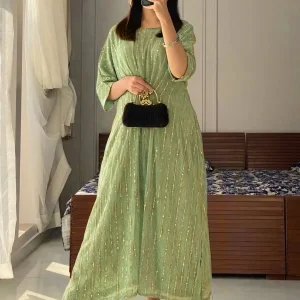 Moonlight Fabric Long Kaftan for Women with Bakkal & Attached Crepe Inner – Free Size Modest Maxi Kaftan Dress (54/55 Inches)