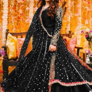 Women's Heavy Embroidered Silk Maxi 3 Piece Suit with Mirror Work, Pearl Lace Chiffon Dupatta & Trouser – Pakistani Party Wear Dress