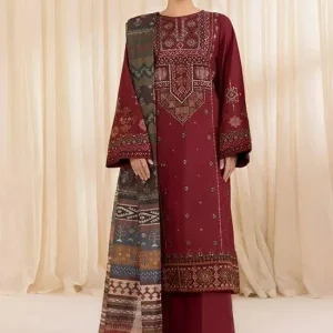 Red Embroidered Lawn 3-Piece Suit Set for Women