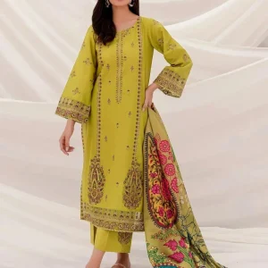 Pakistani Green Embroidered Kurta Set with Printed Shawl