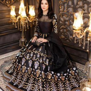 Black Katan Silk Maxi Set with Golden Floral Embroidery