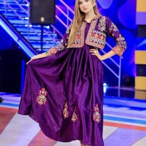 3 Pcs Women's Stitched Fancy Katan Silk Embroidered Maxi
