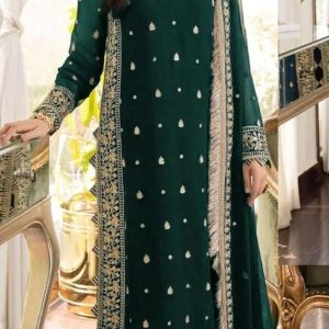 Front view of green embroidered crinkle chiffon 3-piece party wear suit for women.