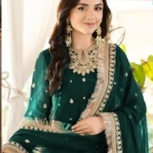 Front view of women's green stitched crinkle chiffon embroidered 3-piece suit.