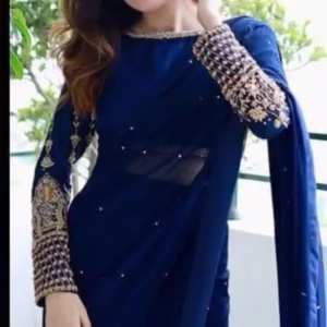 Front view of ready-to-wear blue chiffon sequins embroidered saree for women.