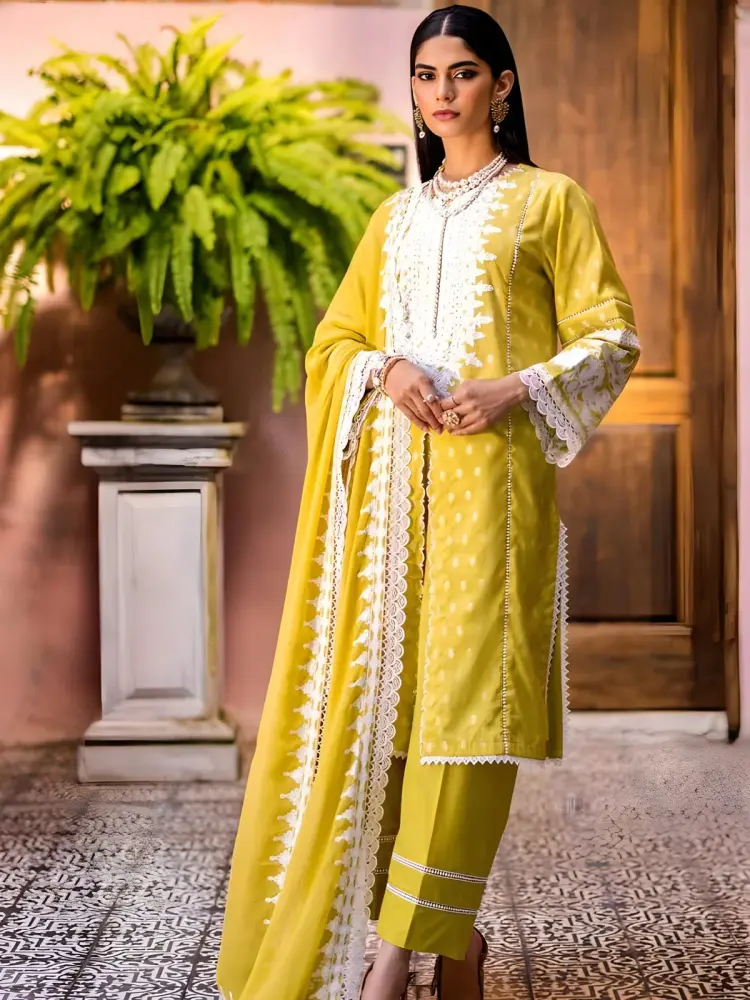 Gul Ahmed Lemon Jacquard Embroidered Suit with Embroidered Chiffon Dupatta 1 Gul Ahmed lemon jacquard embroidered suit
