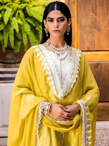 Gul Ahmed Lemon Jacquard Embroidered Suit with Embroidered Chiffon Dupatta 3 Gul Ahmed lemon jacquard embroidered shirt closeup sleeves