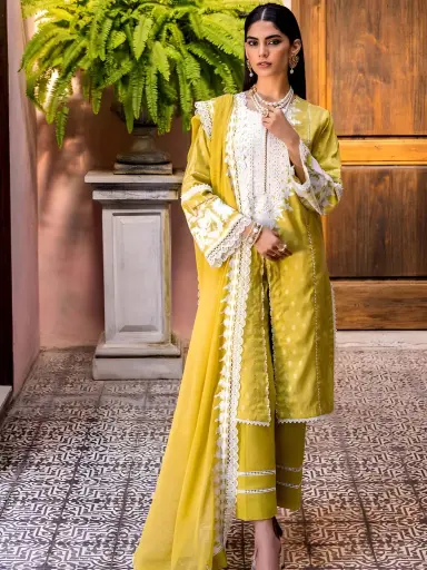 Gul Ahmed Lemon Jacquard Embroidered Suit with Embroidered Chiffon Dupatta 4 ul Ahmed lemon 3 piece unstitched jacquard suit full view