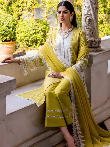 Gul Ahmed Lemon Jacquard Embroidered Suit with Embroidered Chiffon Dupatta 5 Gul Ahmed embroidered chiffon dupatta 2.5 meter lemon
