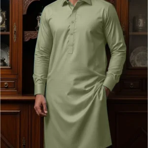 Men green cotton kurta pajama suit 4.5m unstitched fabric folded piece