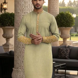 Men cotton self print kurta suit yellow 3.5 gazz unstitched fabric folded piece tbm store pk