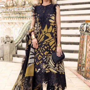 Maria B Printed Embroidered Lawn 3PC Unstitched Suit with Chiffon Dupatta – Black & Mustard