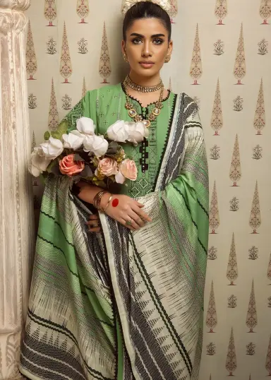 Gul Ahmed Green Jacquard 3-Piece Unstitched Suit with Printed Leno Dupatta 5 Printed Leno dupatta with green Gul Ahmed suit